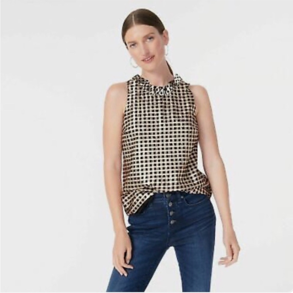J Crew Ruffleneck Sleeveless Top in Lurex Crinkle Gingham Size Medium